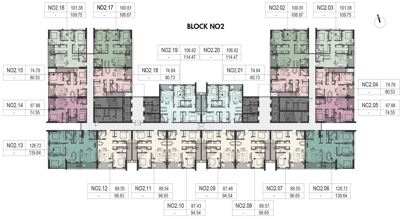 Tòa N02 có số lượng căn hộ 20 căn hộ trên một sàn