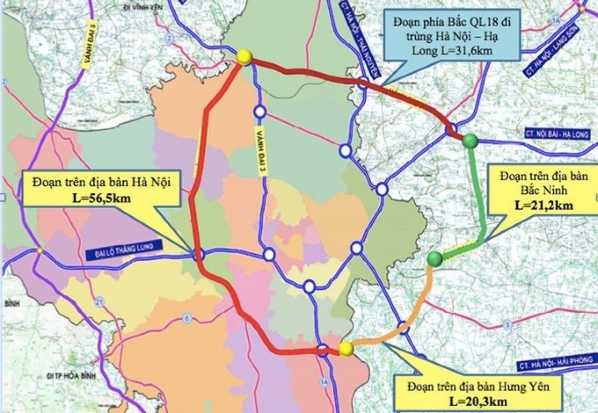 Được biết, tuyến đường Vành đai 4 - vùng Thủ đô dài 112,8km đi qua Hà Nội, Hưng Yên, Bắc Ninh