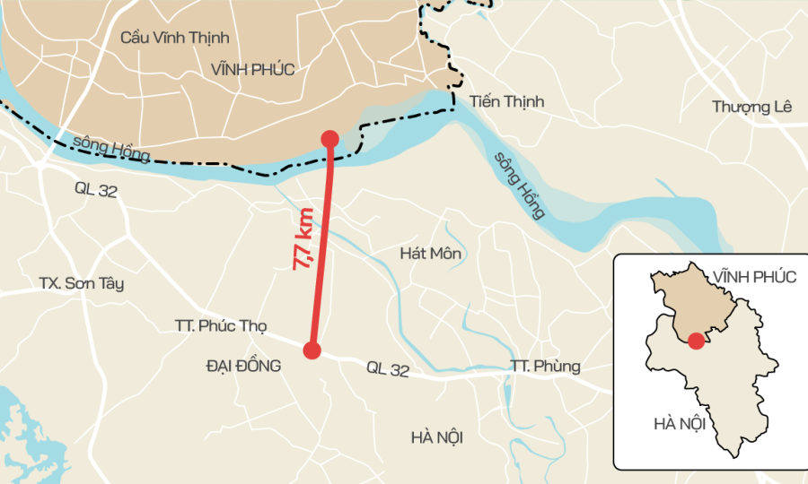 cầu Vân Phúc sẽ bắc qua sông Hồng và tuyến đường kết nối ra quốc lộ 32 có chiều dài 7,7 km