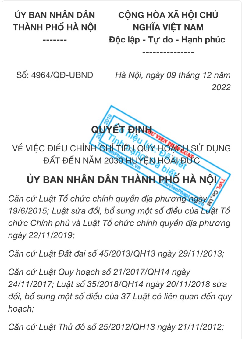 UBND TP Hà Nội ban hành Quyết định số 4964/QĐ-UBND, ngày 09/12/2022 Về việc điều chỉnh chỉ tiêu quy hoạch sử dụng đất đến năm 2030 huyện Hoài Đức.