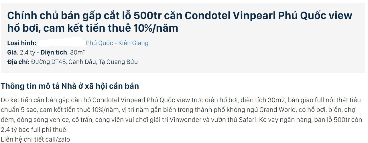Rao bán căn hộ condotel "cắt lỗ" 500 triệu đồng