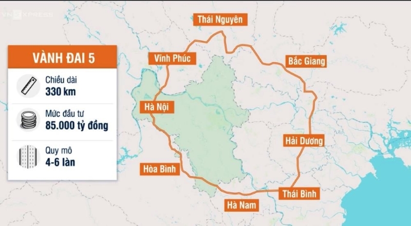 Dự án vành đai 5 – vùng Thủ đô Hà Nội có chiều dài khoảng 272 km (đoạn qua Bắc Giang dài khoảng 48 km), quy mô cao tốc 6 làn xe, tiến trình đầu tư trước năm 2030.