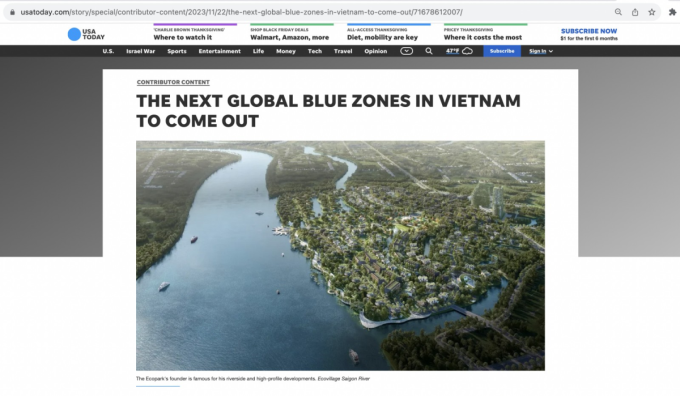 USA Today đánh giá cao hành trình đi từ “Green zones đến Blue zones” và Ecovillage Saigon River sẽ trở thành vùng đất Blue zones đầu tiên tại Việt Nam. 