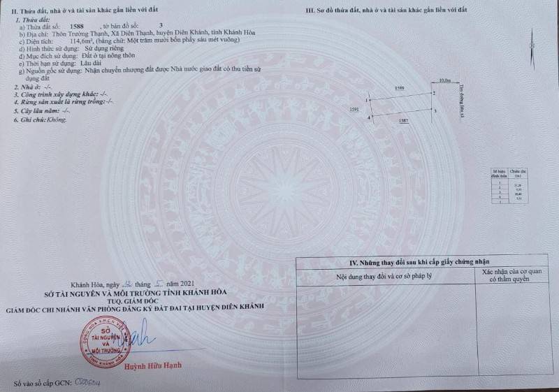 Bán lô đất thổ cư Diên Thạnh, Huyện Diên Khánh, Khánh Hòa