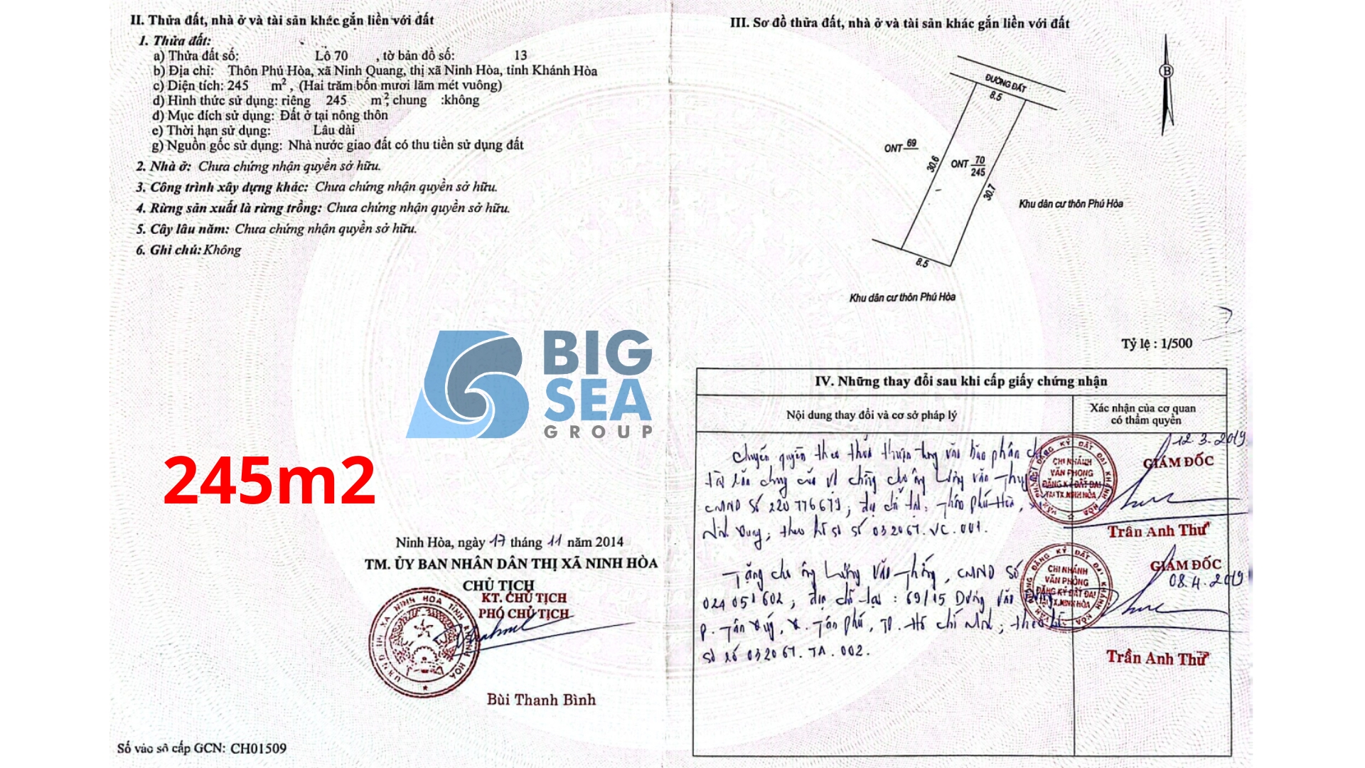 Hàng Fo chưa qua đầu tư 2 lô đất cạnh nhau 244-245m2 full thổ cư tại Hòa - Khánh Hòa