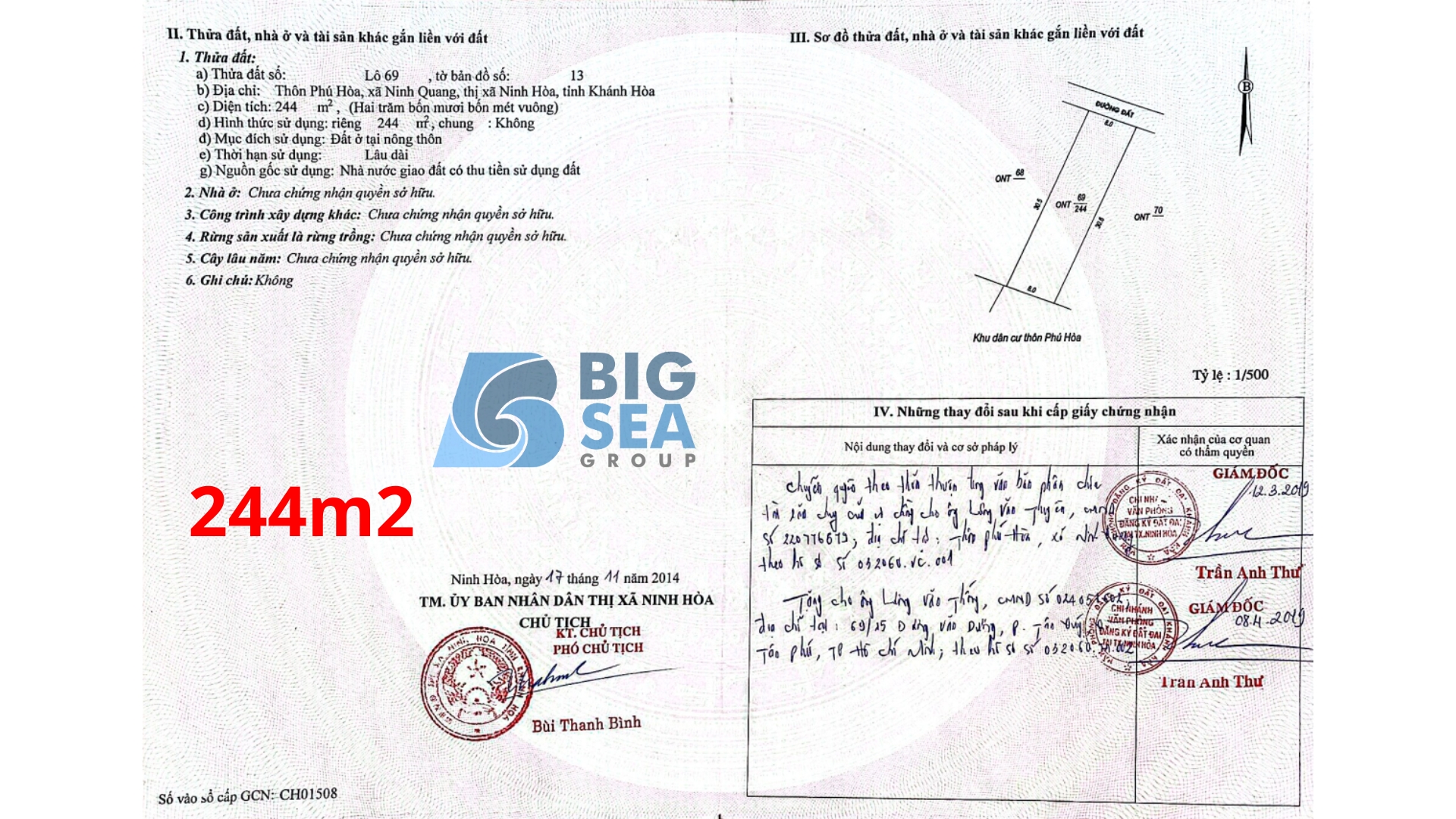 Hàng Fo chưa qua đầu tư 2 lô đất cạnh nhau 244-245m2 full thổ cư tại Hòa - Khánh Hòa